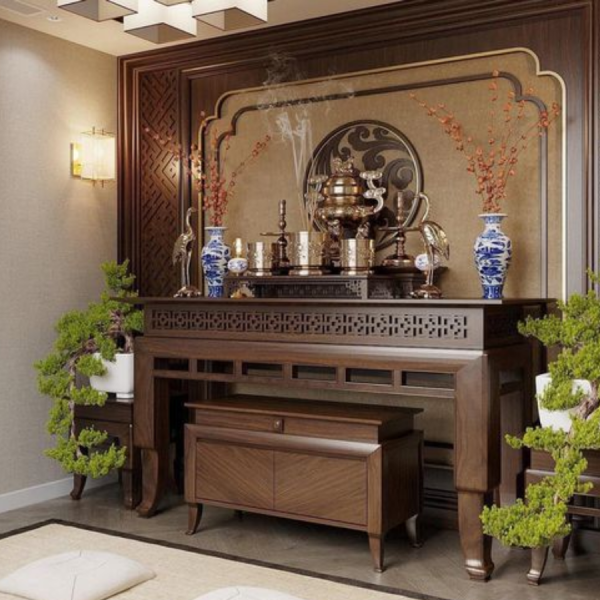 Chiêm ngưỡng thiết kế nhà phố 2 mặt tiền hiện đại đẹp mê ly Phòng thờ với thiết kế gỗ tạo cảm giác ấm cúng, trang nghiêm